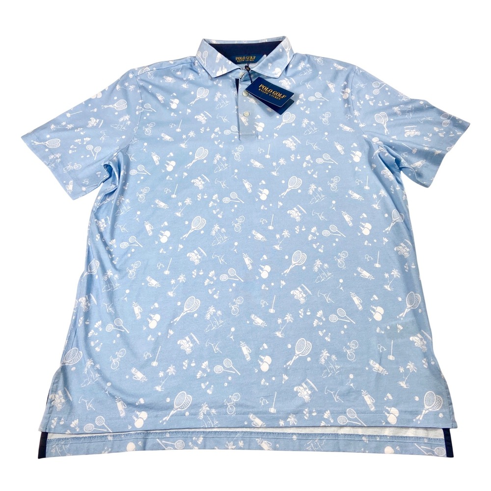 Polo Golf Ralph Lauren Shirt Blue Large With Bicycles Rackets Palm Trees Preppy - Picture 9 of 12